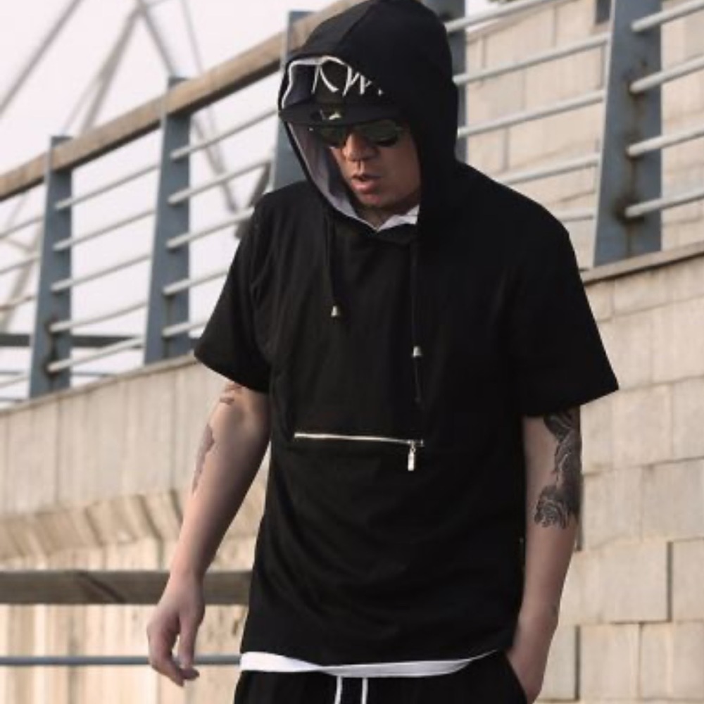 #66 Hooded short sleeve T-shirt for Men with Front zip pocket